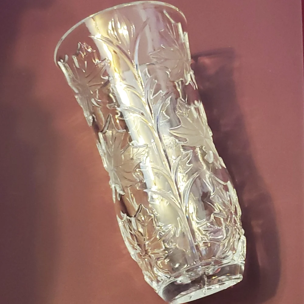 Deplomb vintage lead crystal frosted maple leaves vase 9 inches tall